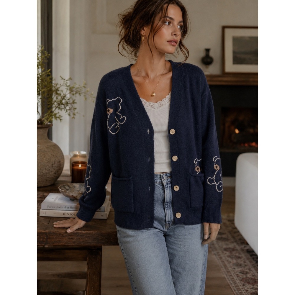 Cardigan Sweater Women Medium Navy Blue Teddy Bear‎ Embroidered Cozy